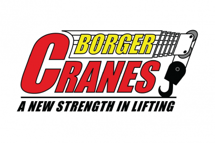 Logo of Borger Cranes featuring bold red and yellow text with a crane hook illustration. The text reads "BORGER CRANES" and "A NEW STRENGTH IN LIFTING," symbolizing our welding and fabrication solutions.