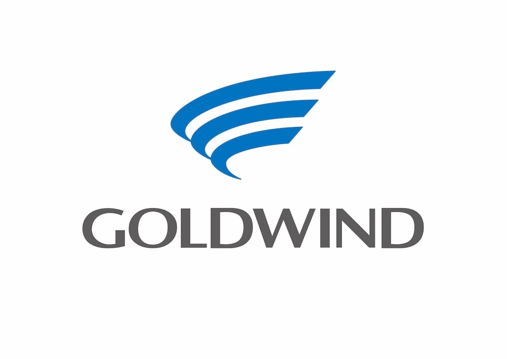 The image showcases the Goldwind logo, featuring a stylized blue swirl reminiscent of a curved, three-tiered blade above the word "GOLDWIND" in gray capital letters. This emblem, set against a white background, symbolizes precision akin to welding and fabrication solutions.