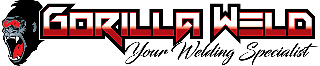 Logo for "Gorilla Weld" featuring bold, red text with a stylized silhouette of a gorilla's face on the left. The tagline "Your Welding Specialist" appears below in cursive script.
