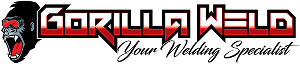 Logo of "Gorilla Weld" featuring bold red and black letters. A gorilla's head is on the left, roaring with red eyes. The tagline "Your Welding Specialist" is written below in a stylized font.